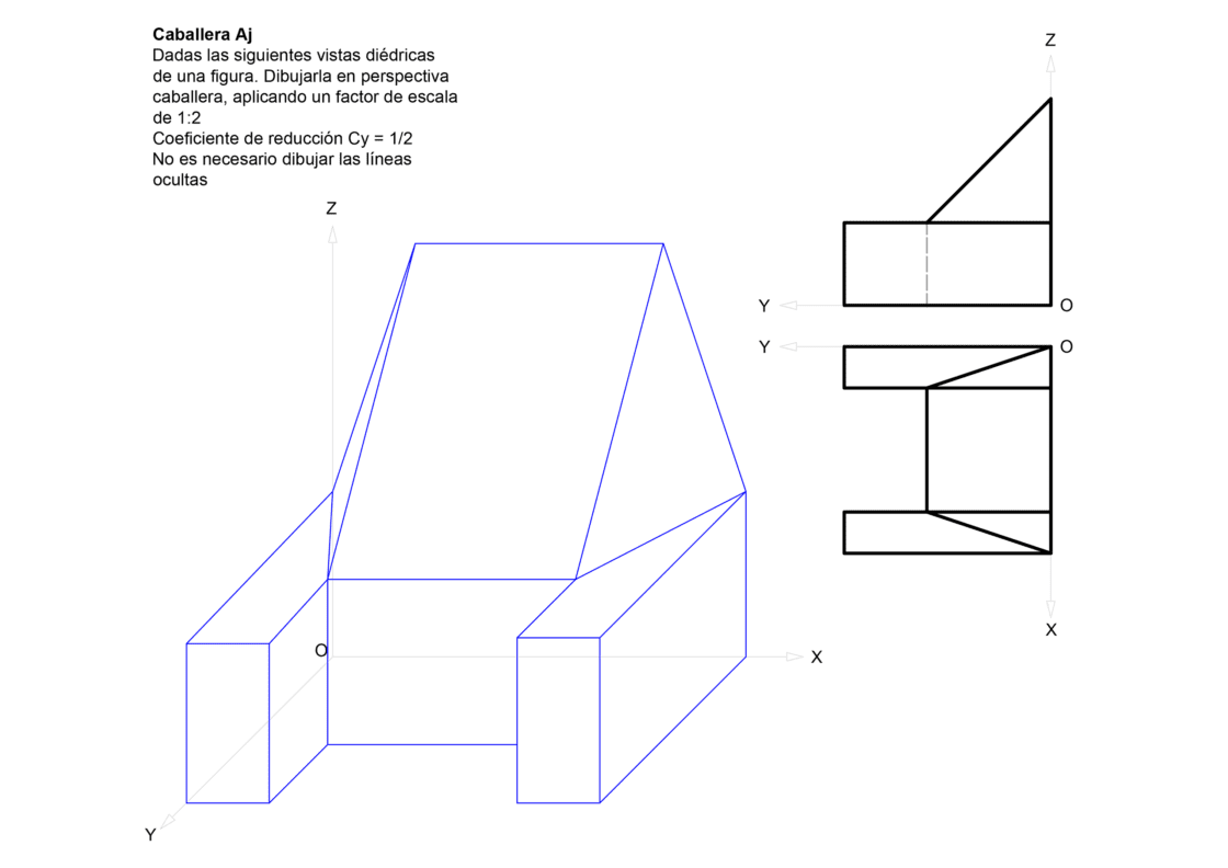 Ejercicios resueltos de perspectiva caballera para preparación de la EVAU