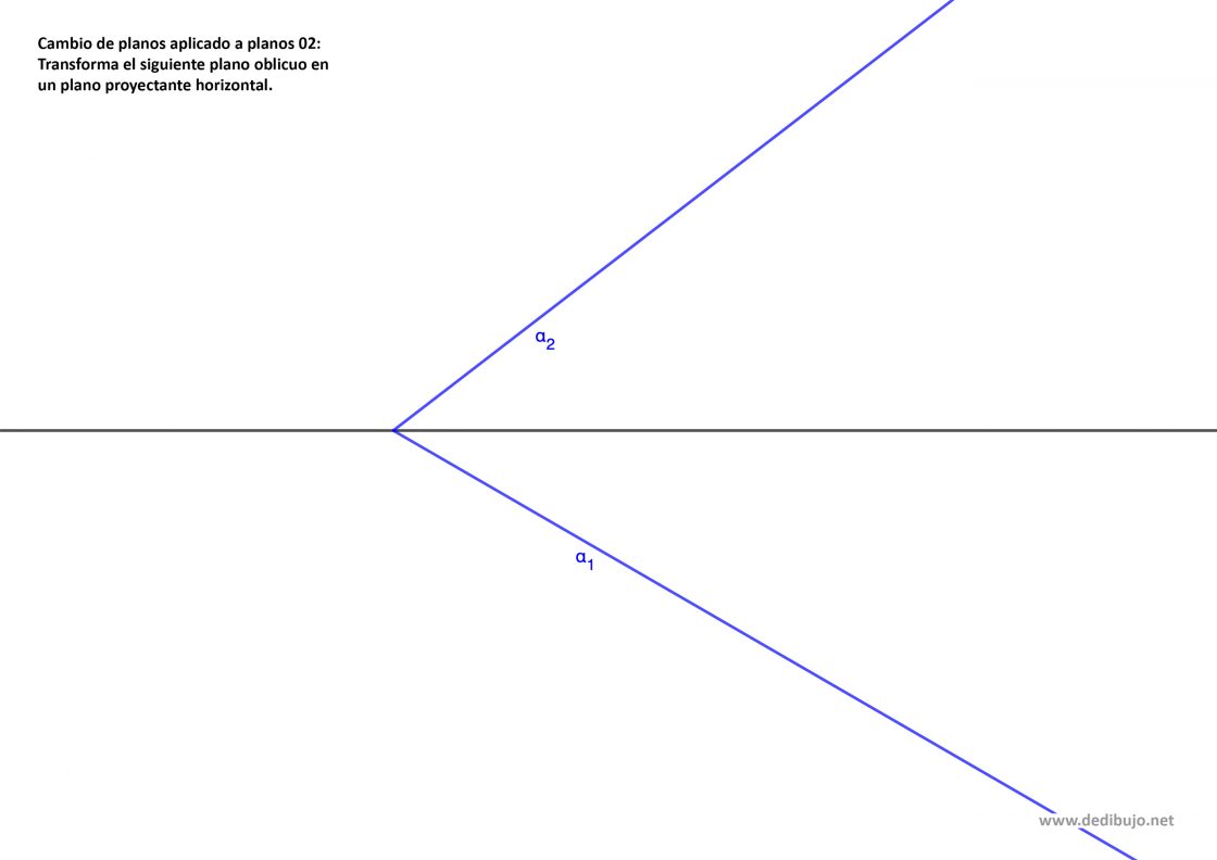 Transformar un plano oblicuo en un plano proyectante horizontal con un cambio de plano horizontal. Ejercicio resuelto en sistema diédrico