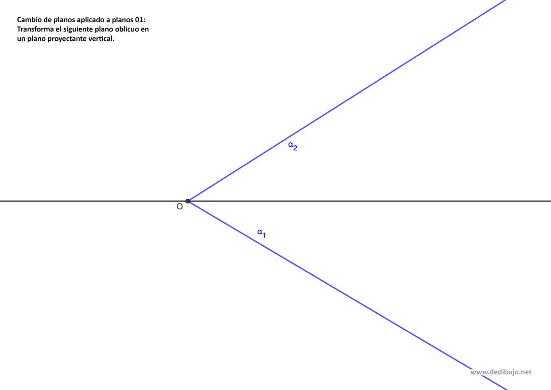 Transformar un plano oblicuo en un plano proyectante vertical con un cambio de plano vertical en sistema diédrico; ejercicio resuelto