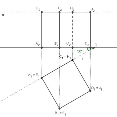 Hexaedro o cubo, sección principal y desarrollo en sistema diédrico, geometría y dibujo técnico.