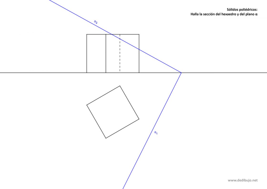 Sección de un hexaedro regular con un plano oblicuo en sistema diédrico. Ejercicio resuelto paso a paso.