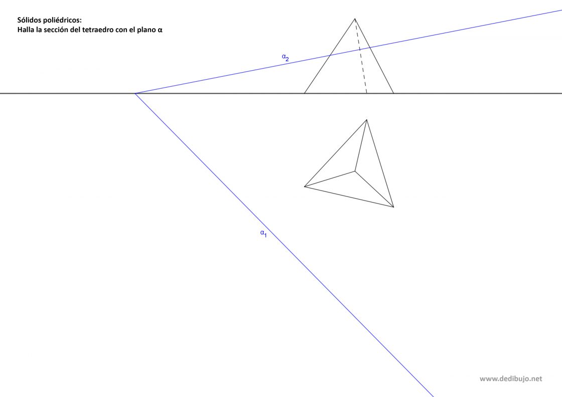 Sección de un plano oblicuo con un tetraedro regular en sistema diédrico. Ejercicio resuelto.