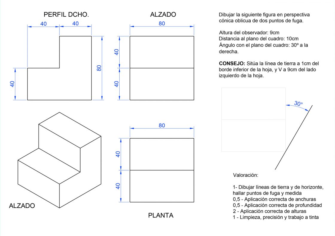 Ejercicio resuelto de perspectiva cónica oblicua de dos puntos de fuga