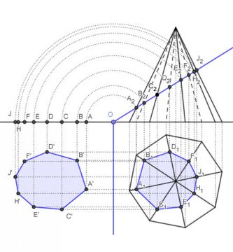 Sección plana de un plano proyectante vertical con una pirámide de base octogonal en sistema diédrico