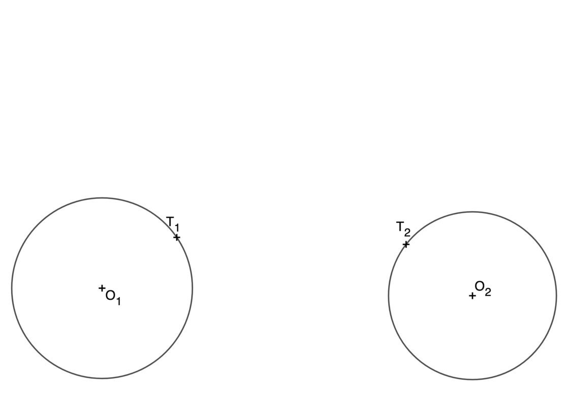 Circunferencia exterior tangente a dos circunferencias conociendo los puntos de tangencia