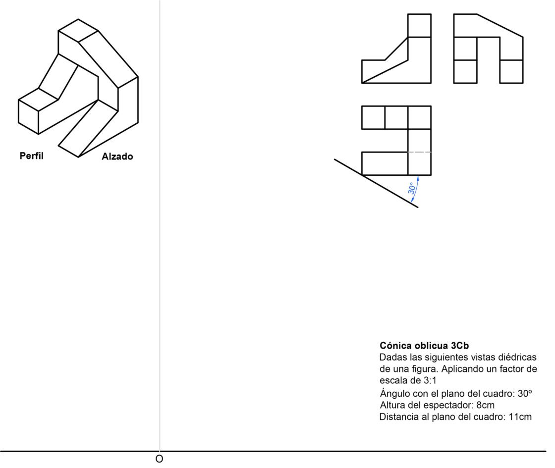 Ejercicio de perspectiva cónica oblicua resuelto paso a paso, con vídeo y aplicación interactiva (3Cb)