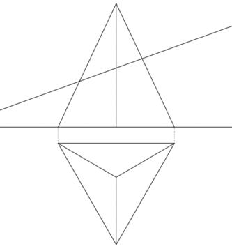 Sección de un plano proyectante vertical con un tetraedro que tiene una recta paralela al plano de perfil